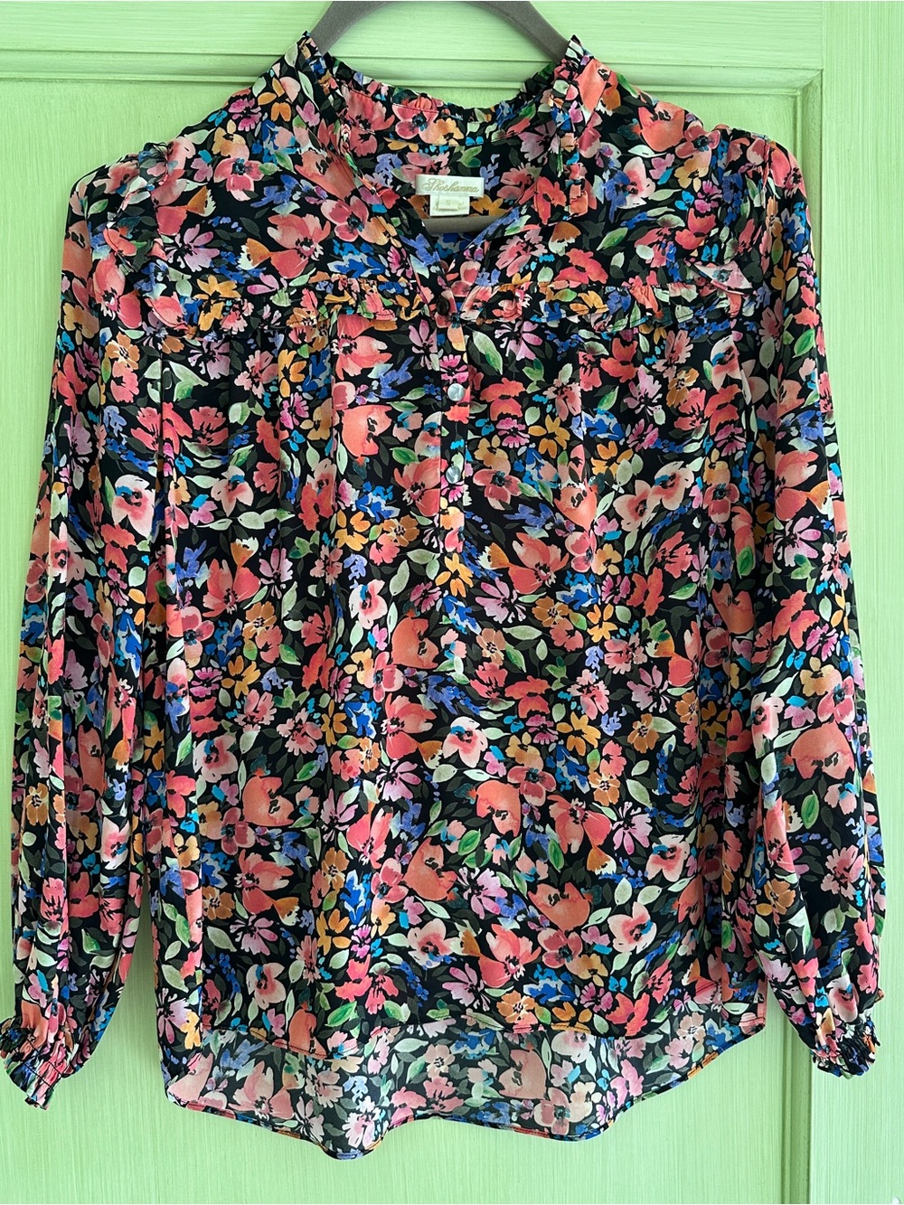 Shoshanna Campbell Floral Long Sleeve Ruffle Blouse Multicolor Black Size S